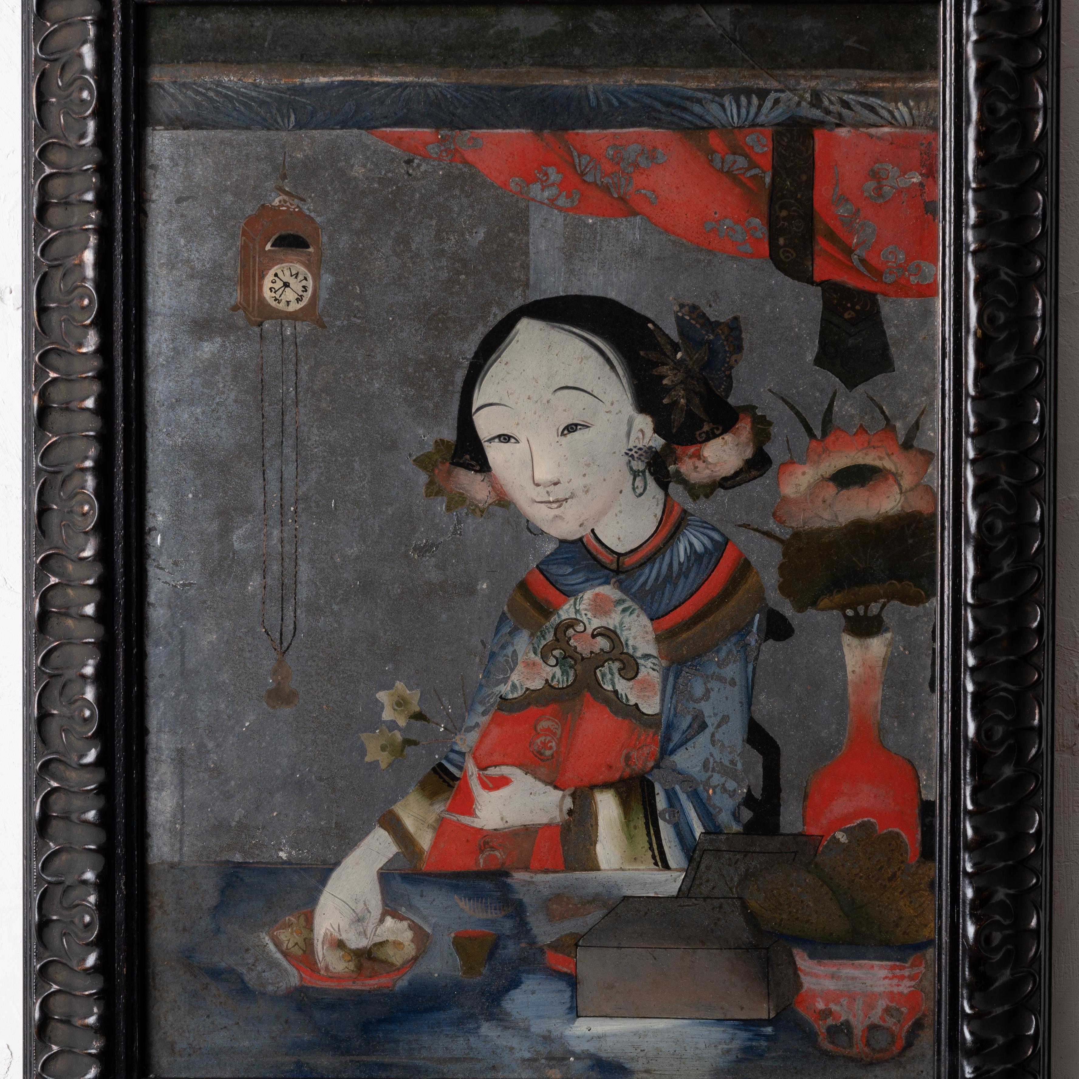 Verre Eglomise Chinese Export Portrait Painting In Fair Condition For Sale In Savannah, GA
