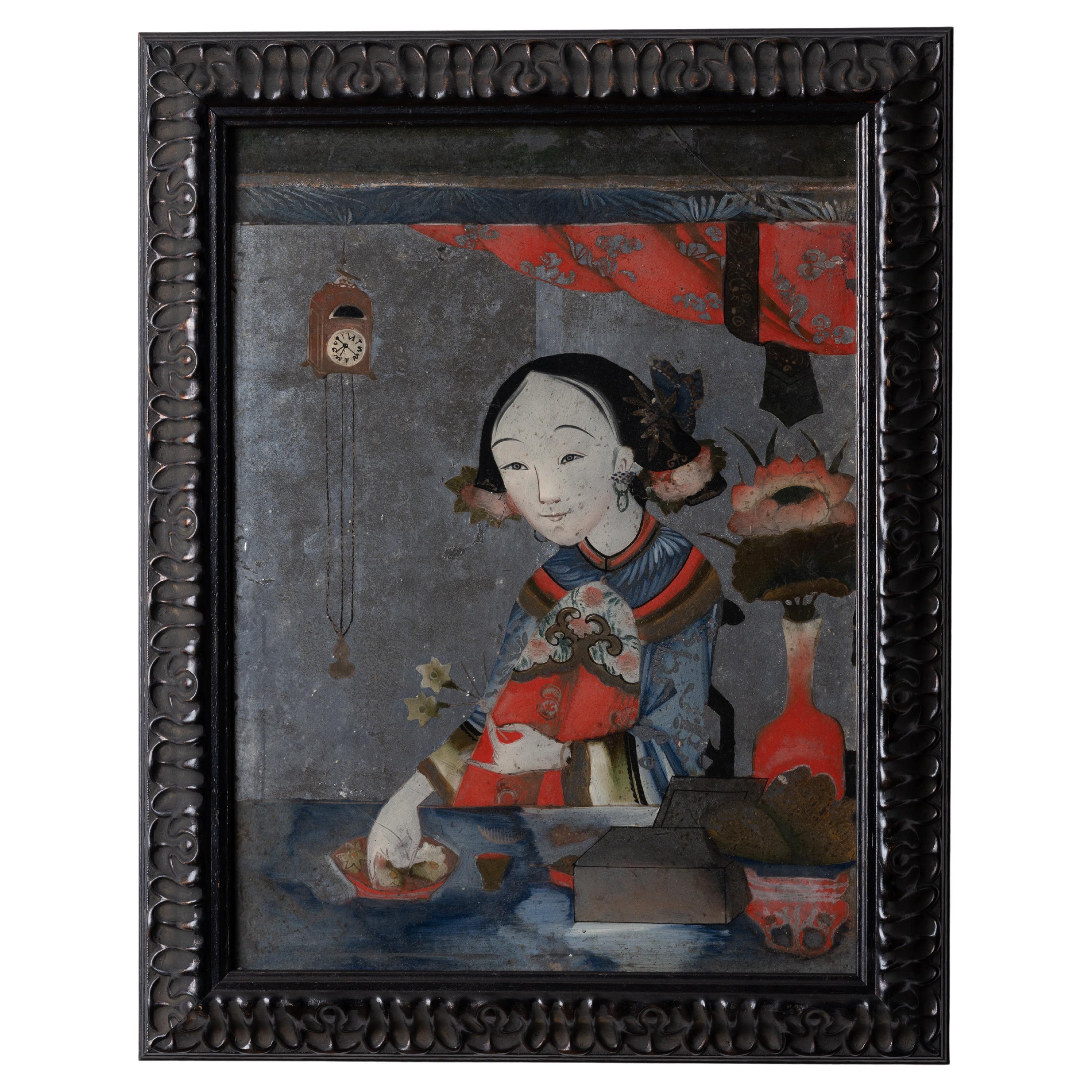 Verre Eglomise Chinese Export Portrait Painting For Sale