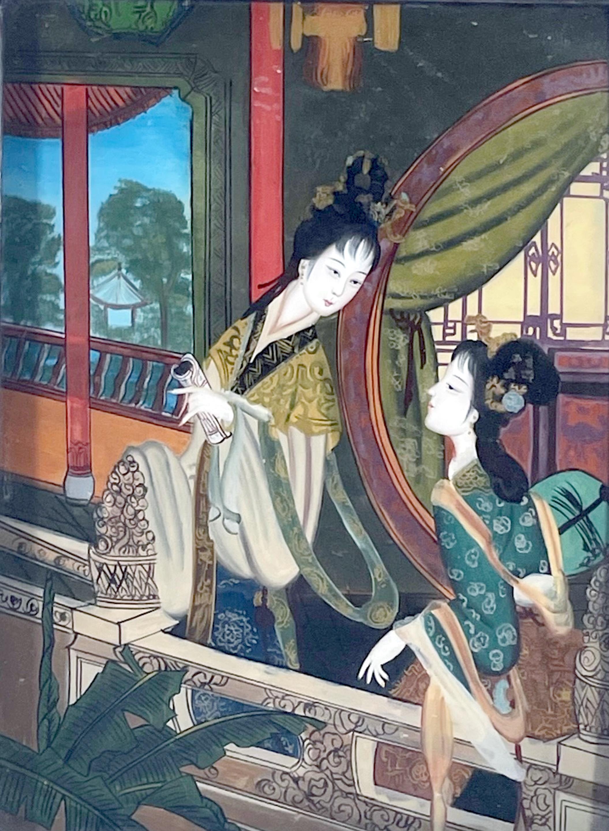Antique Verre Eglomise Chinese Export reverse glass painting.

Beautiful Chinese reverse glass painting of two women in a Chinese garden with a scroll. This painting is particularly vibrant and exquisite in color and detail. The wood frame