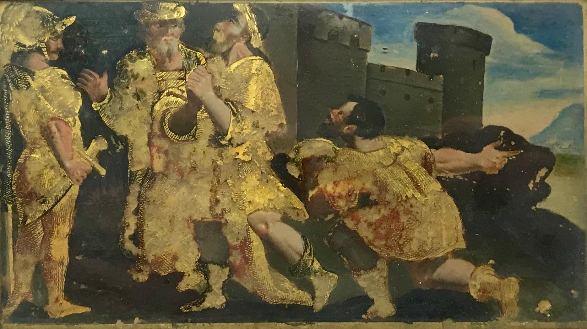 Verre églomisé painting of soldiers outside castle. Verre églomisé painting with grouping of four men in gilt tunics outside walled city; possibly Darius before Alexander, with gilt border in walnut frame. Italy, 17th century.
Dimensions: 8