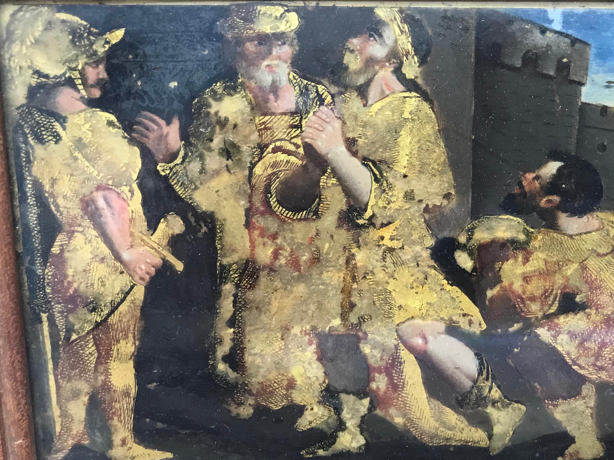 Baroque Verre Églomisé Painting of Soldiers Outside Castle