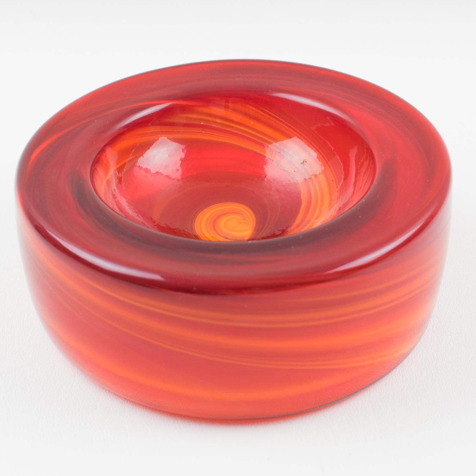 Stunning large midcentury blown glass cigar ashtray or desk tidy or vide poche designed and manufactured by Verreries de Masnieres, France. Extra thick handmade swirl glass, rounded shape with lovely orange and red mixed colors. Company logo