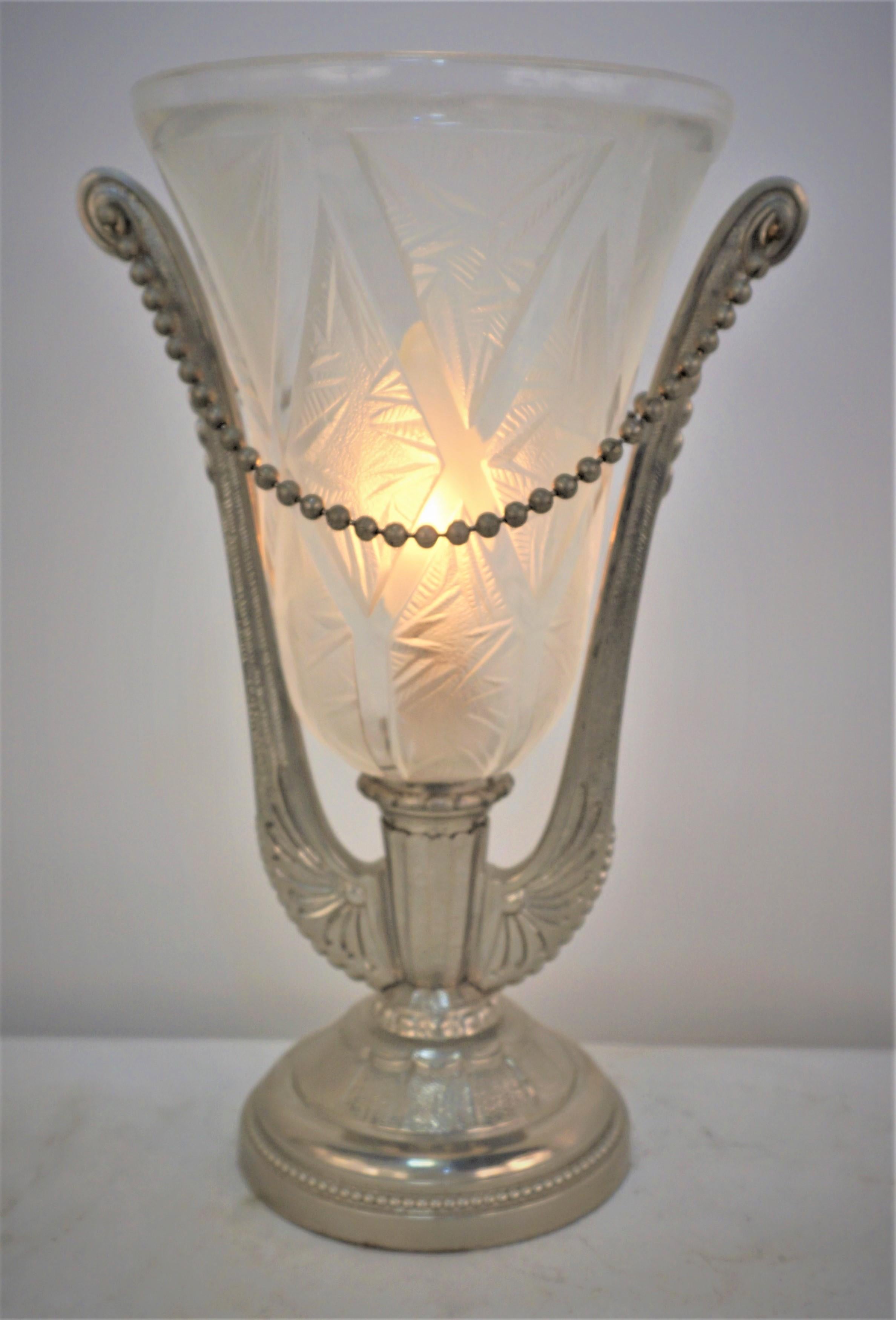 Torchiere style clear texture frost glass shade with nickel on bronze base 1930's table lamp by Verrerie des Hanots.