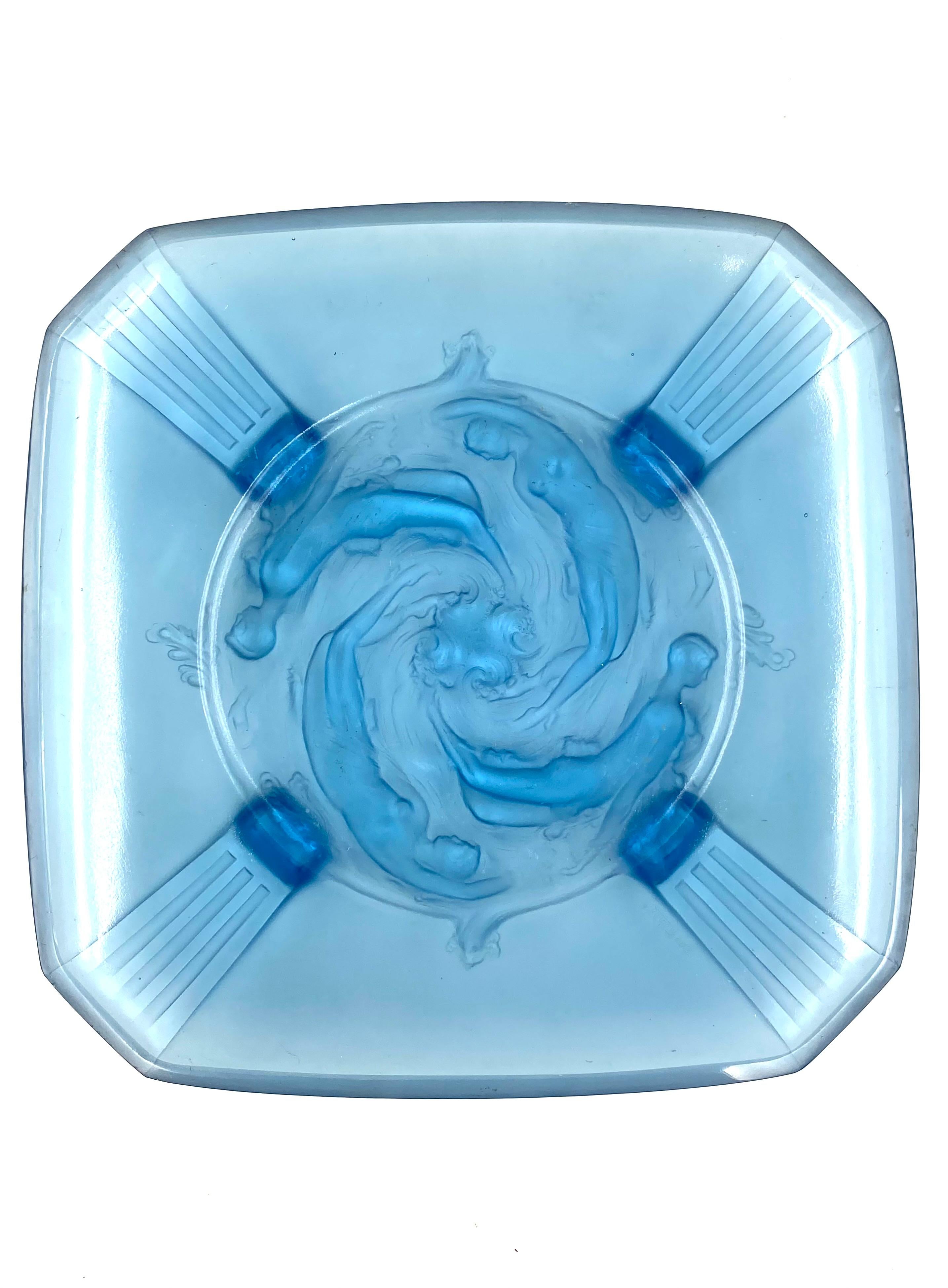 Art Deco Verreries Des Hanots, Important 'Naiads' Molded Glass Tray, France, 1930s For Sale