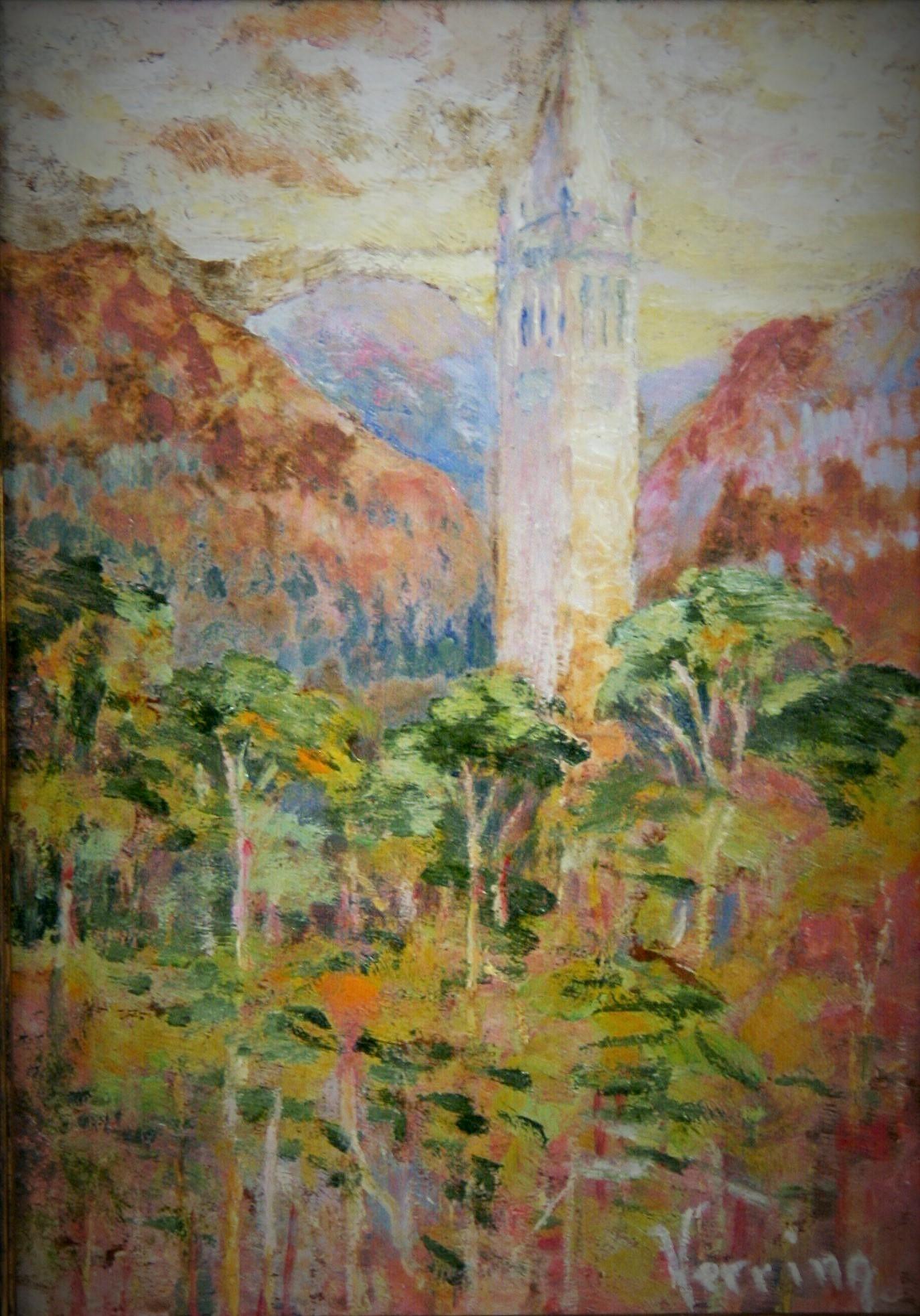 Verring Landscape Painting – Antike  Französische impressionistische Landschaft, Ölgemälde, Dorfglockenturm, Französisch, 1950