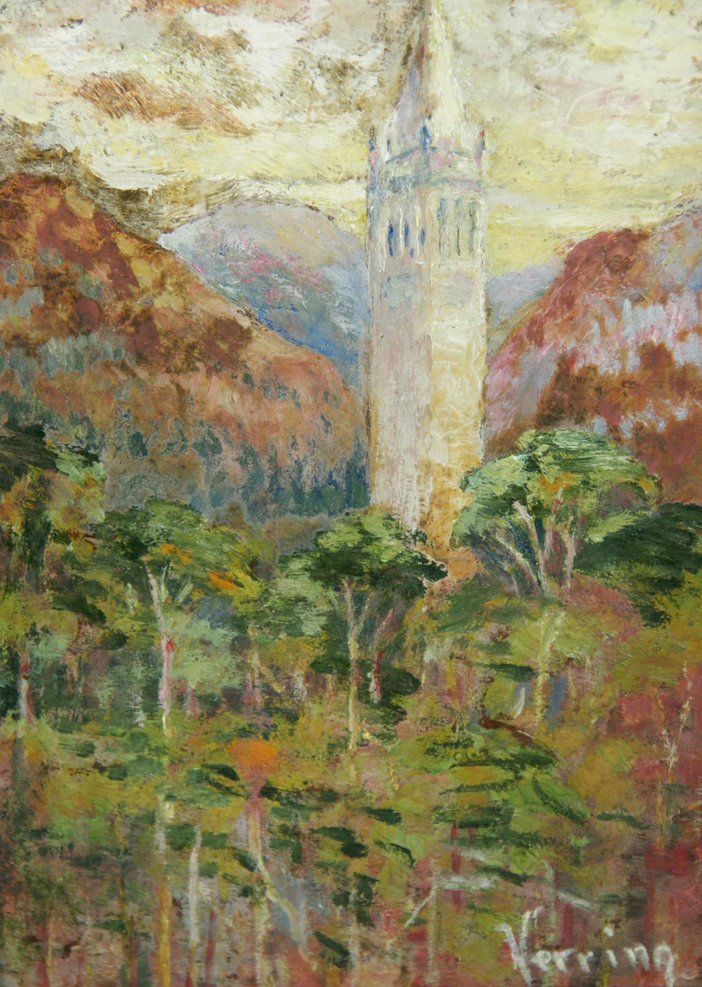 Antique  French Impressionist Landscape Oil Painting Village Bell Tower 1950 - Brown Landscape Painting by Verring