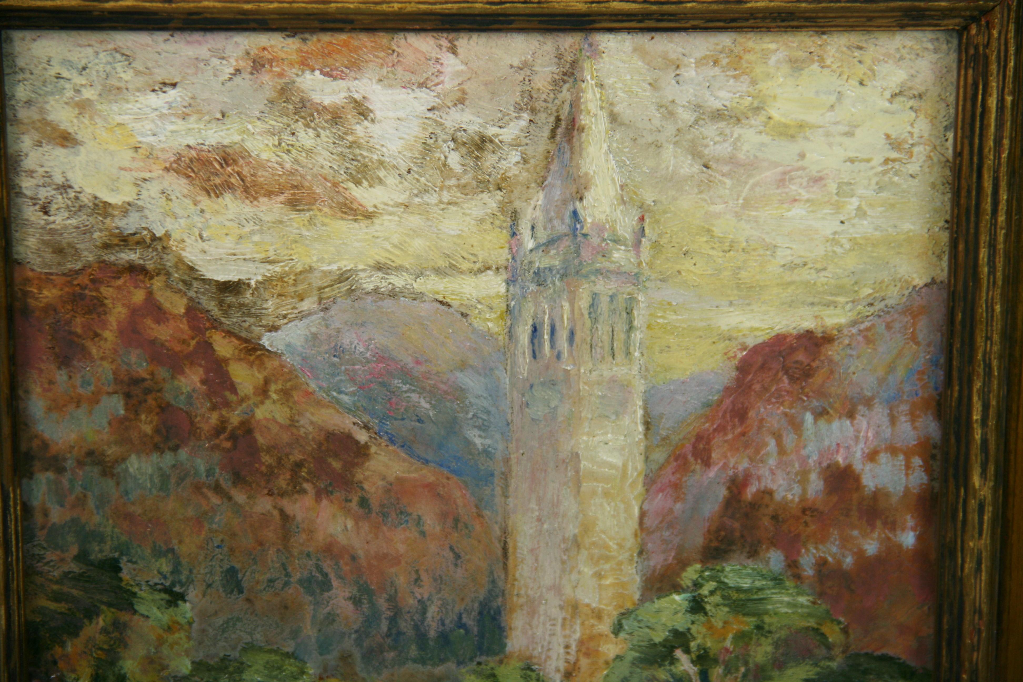 Antique  French Impressionist Landscape Oil Painting Village Bell Tower 1950 For Sale 5