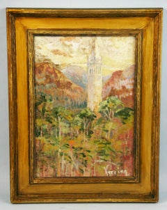 Antique  French Impressionist Landscape Oil Painting Village Bell Tower 1950