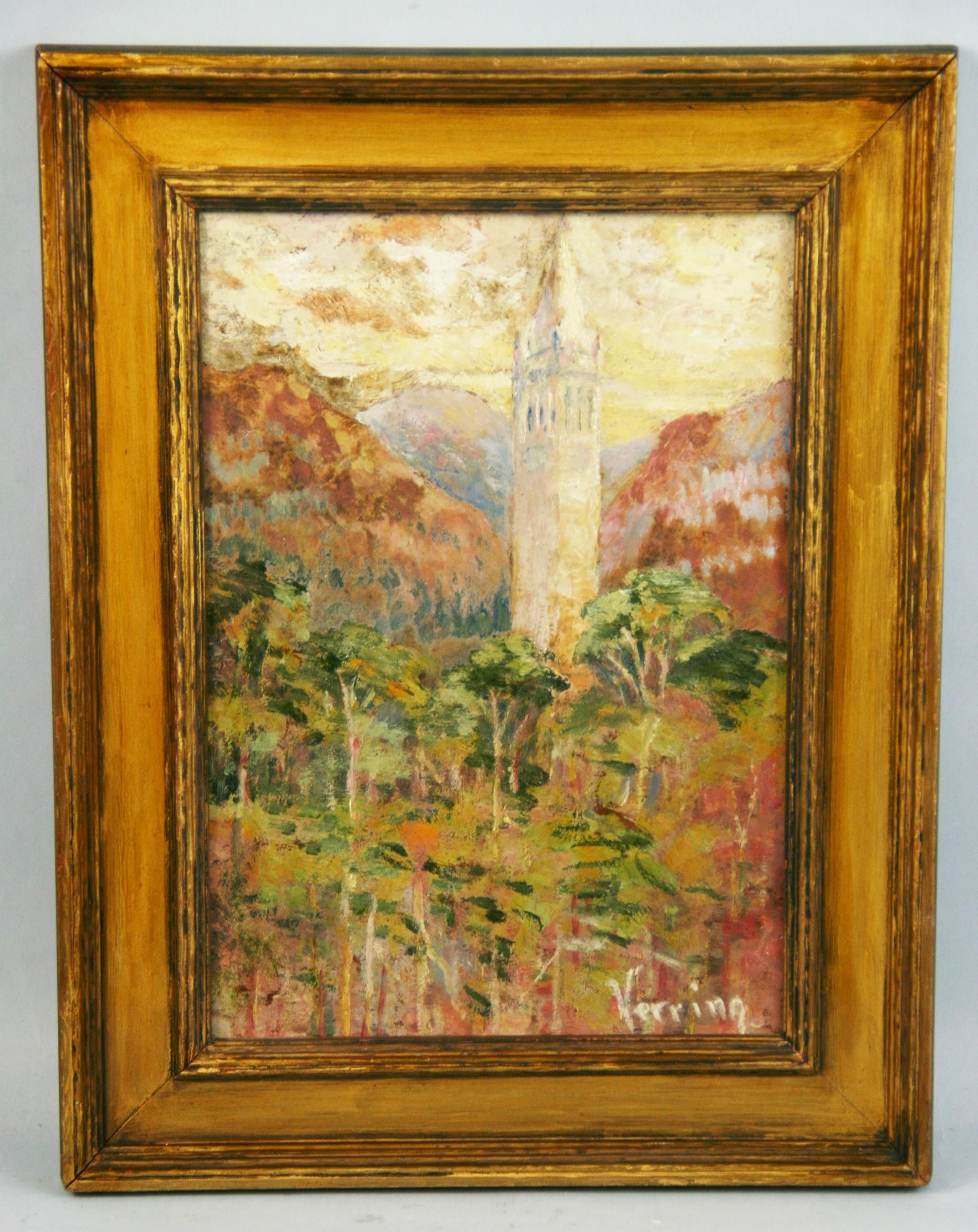Verring Landscape Painting - Antique  French Impressionist Landscape Oil Painting Village Bell Tower 1950