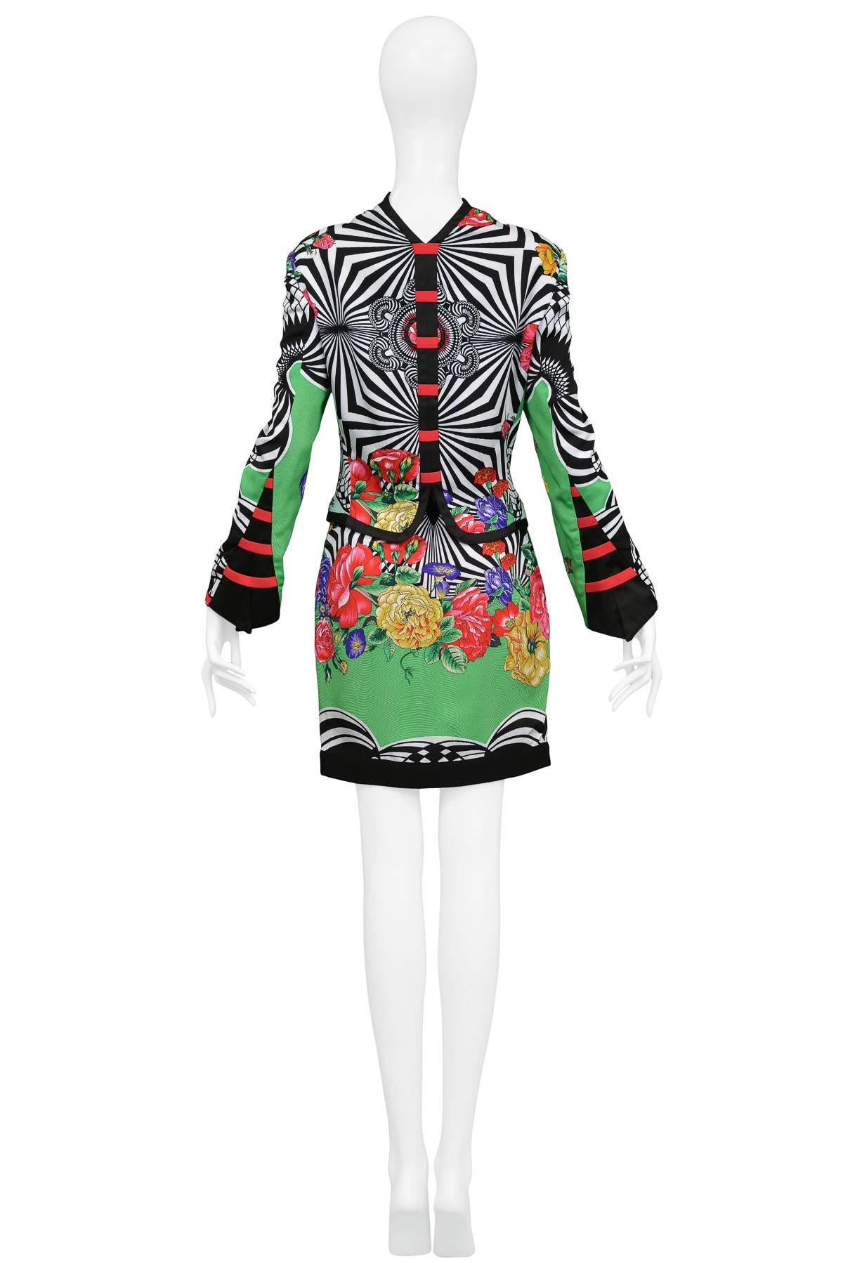 Versace 2 Op Art Floral Skirt Ensemble, 1992 In Excellent Condition For Sale In Los Angeles, CA