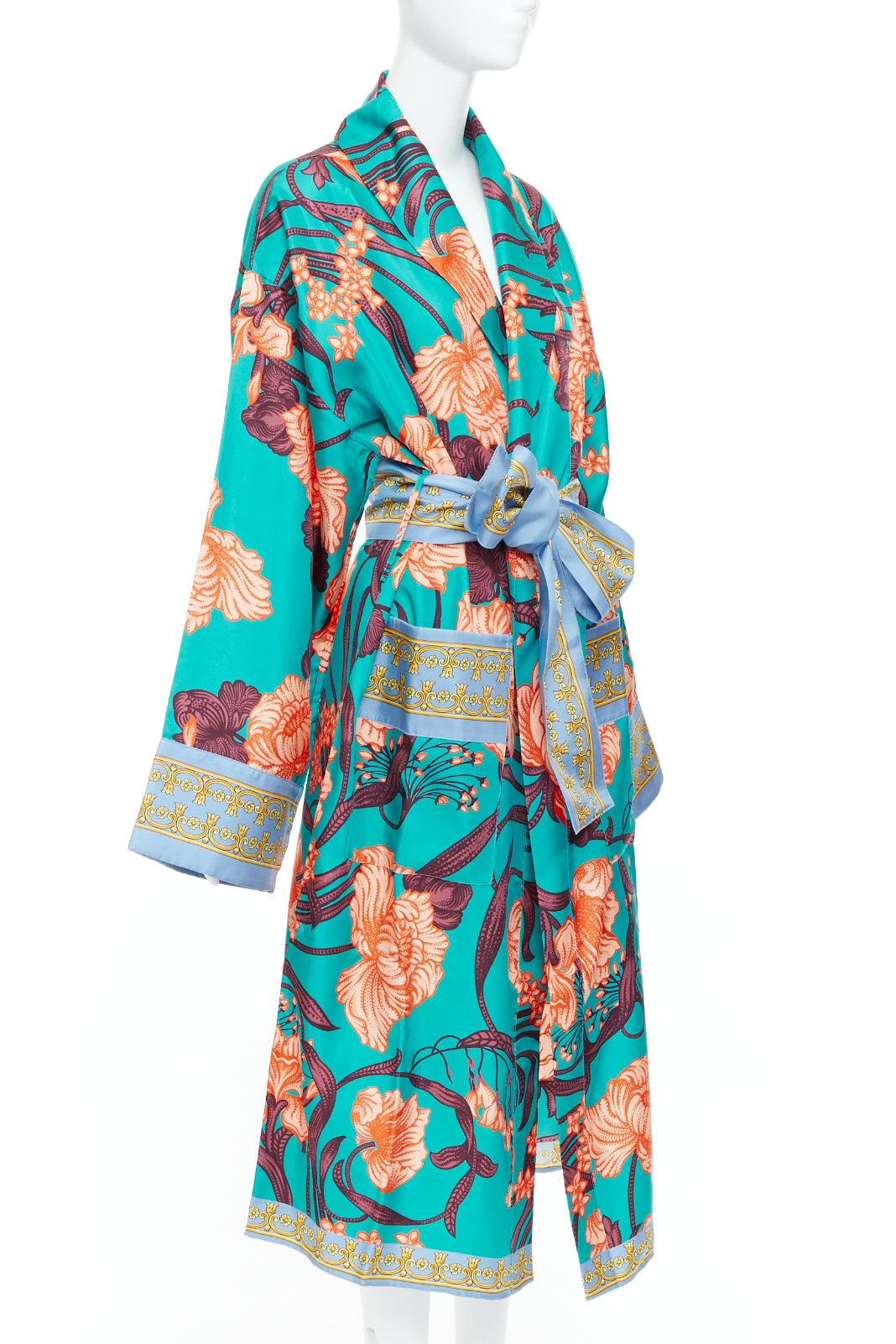 Beige VERSACE 100% silk Baroque Art Deco green orange floral Medusa print robe gown L For Sale