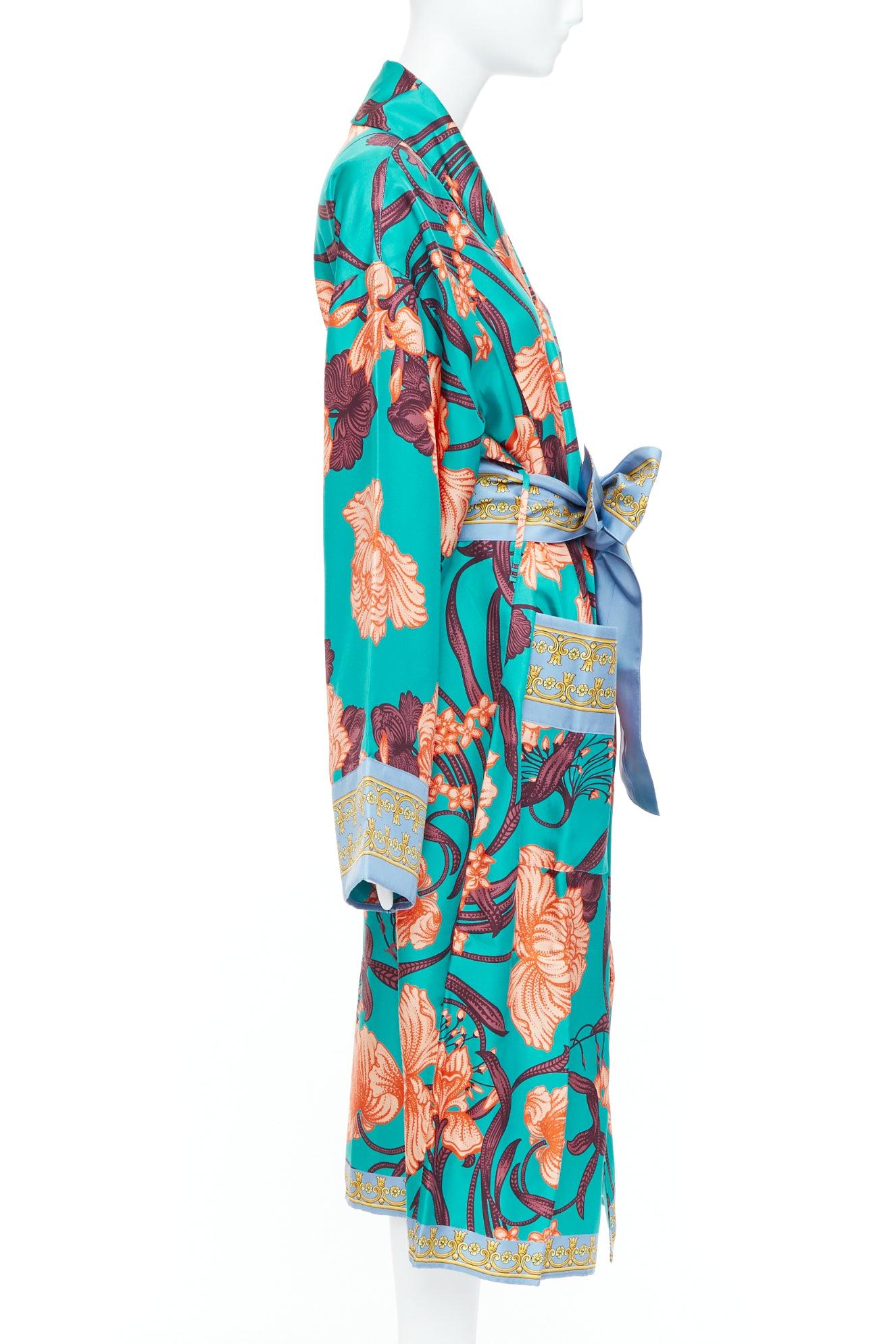 VERSACE 100% silk Baroque Art Deco green orange floral Medusa print robe gown L In New Condition For Sale In Hong Kong, NT