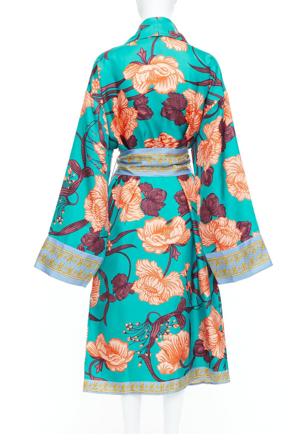 Women's VERSACE 100% silk Baroque Art Deco green orange floral Medusa print robe gown L For Sale