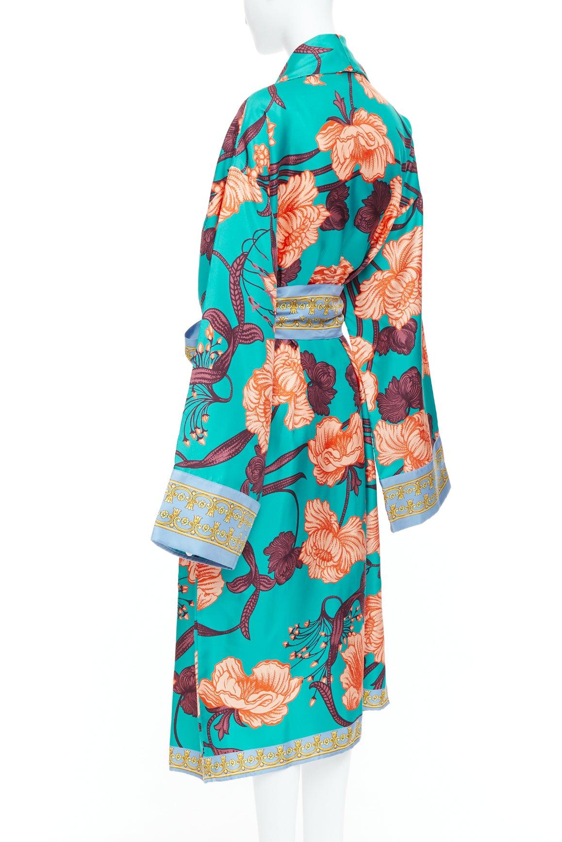 VERSACE 100% silk Baroque Art Deco green orange floral Medusa print robe gown L For Sale 1