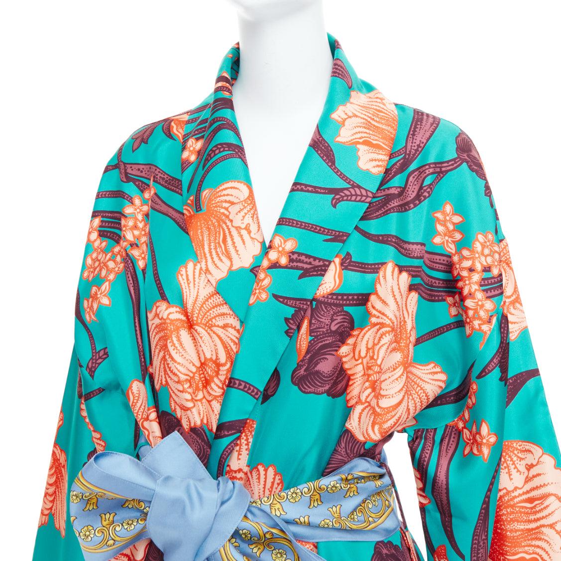 VERSACE 100% silk Baroque Art Deco green orange floral Medusa print robe gown L For Sale 2