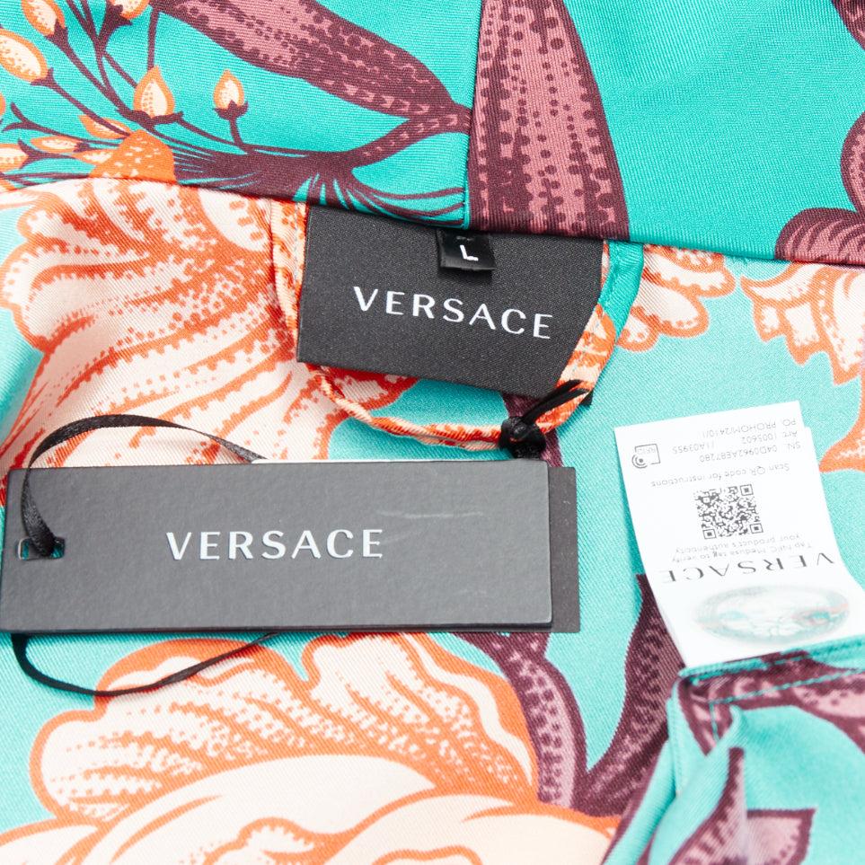 VERSACE 100% silk Baroque Art Deco green orange floral Medusa print robe gown L For Sale 3