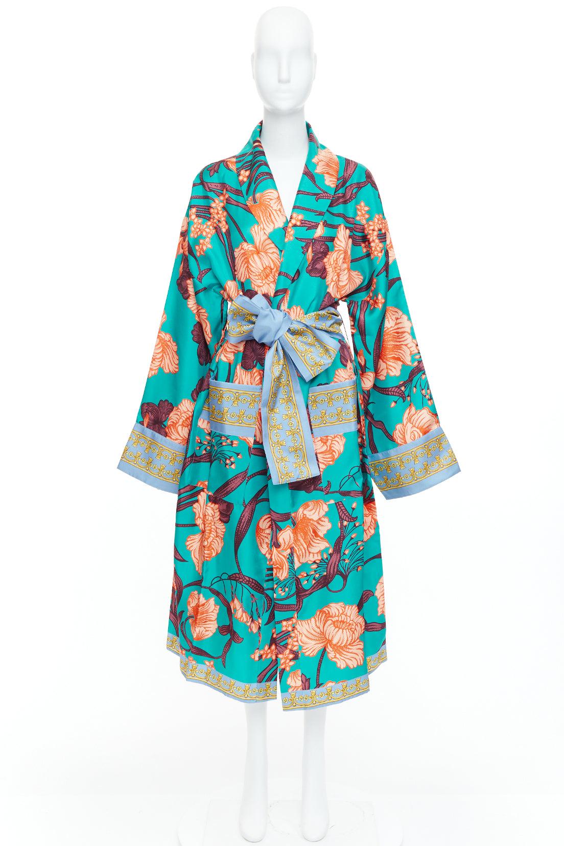 VERSACE 100% silk Baroque Art Deco green orange floral Medusa print robe gown L For Sale 4