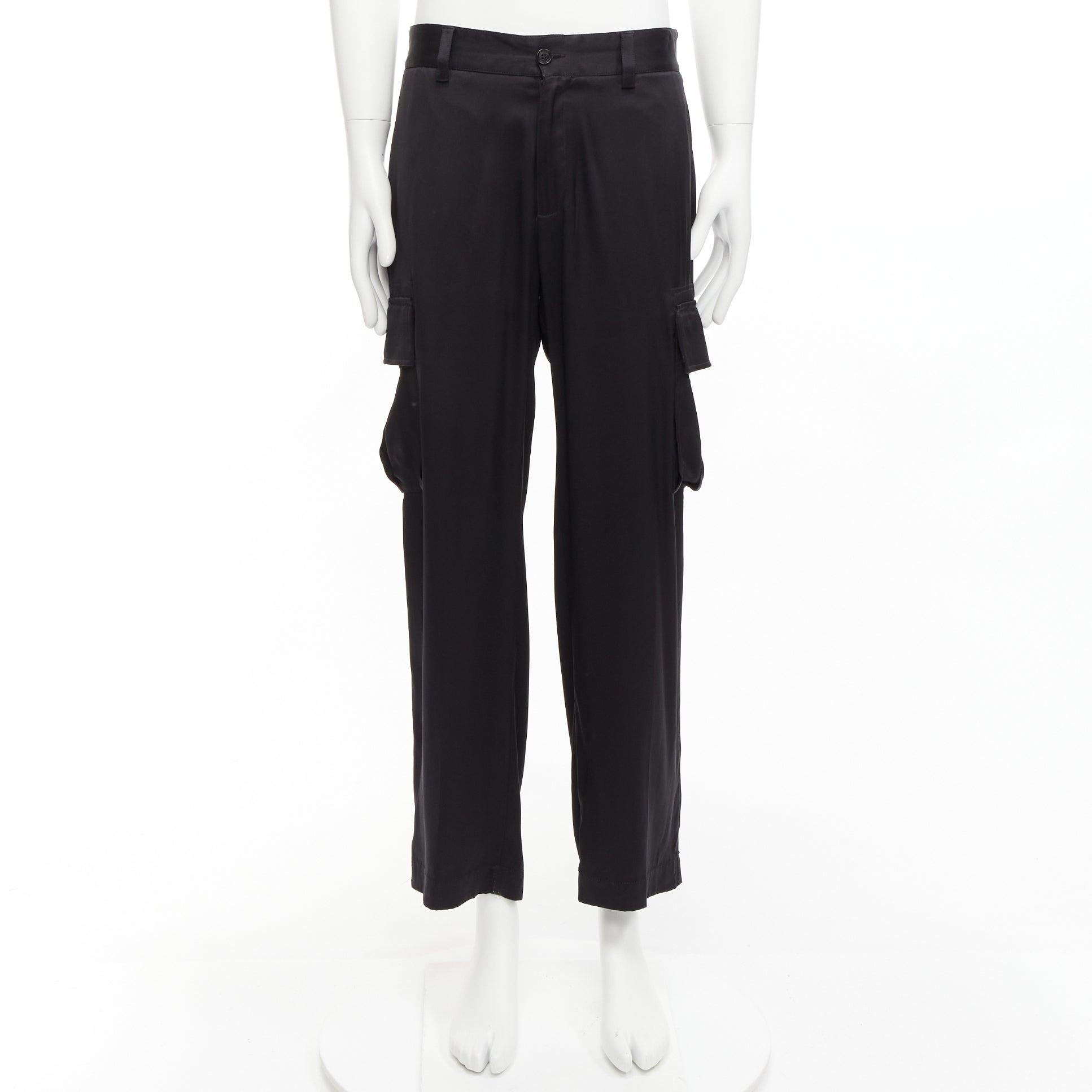 VERSACE 100% silk black cargo pockets wide leg trousers pants IT48 M For Sale 6