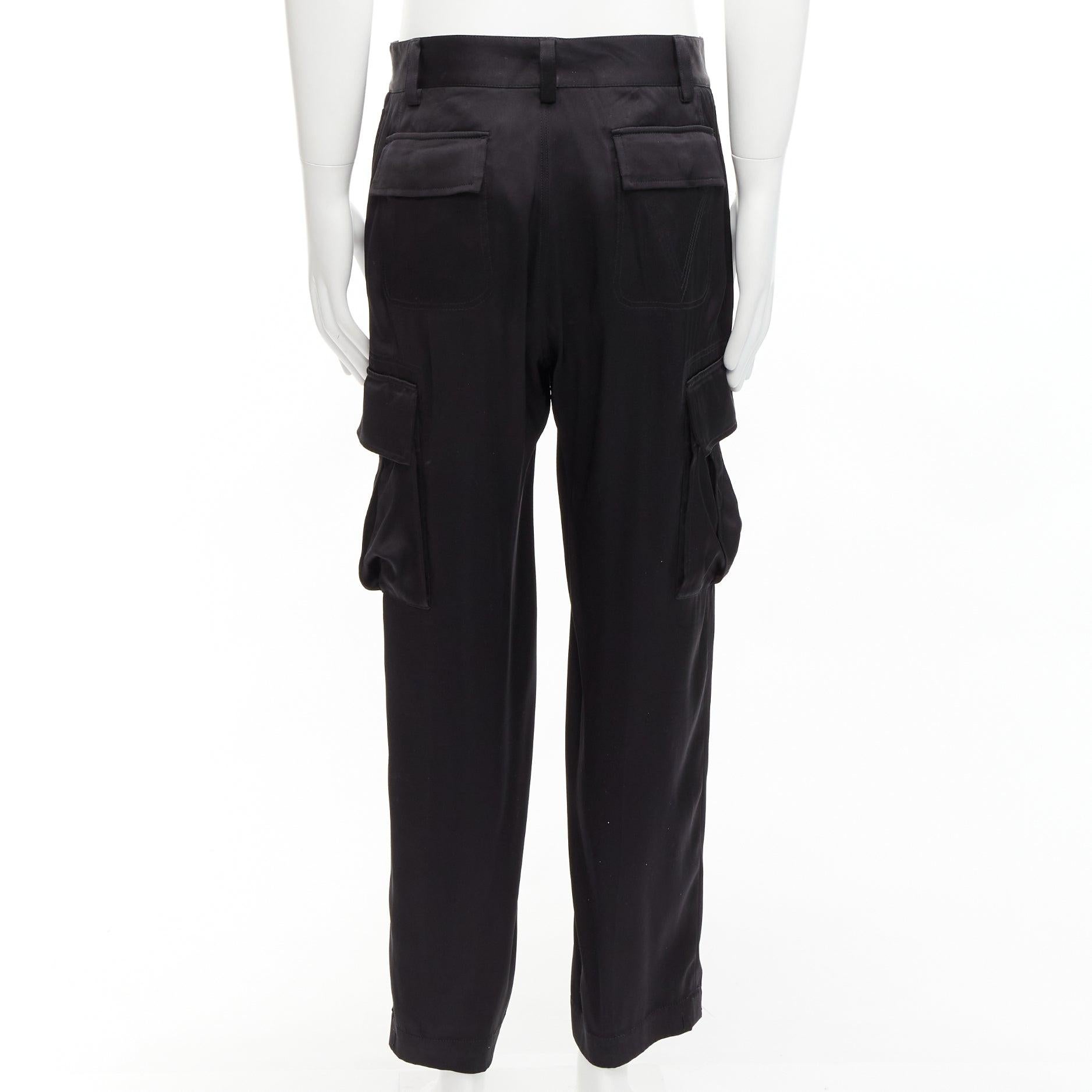 VERSACE 100% silk black cargo pockets wide leg trousers pants IT48 M For Sale 1