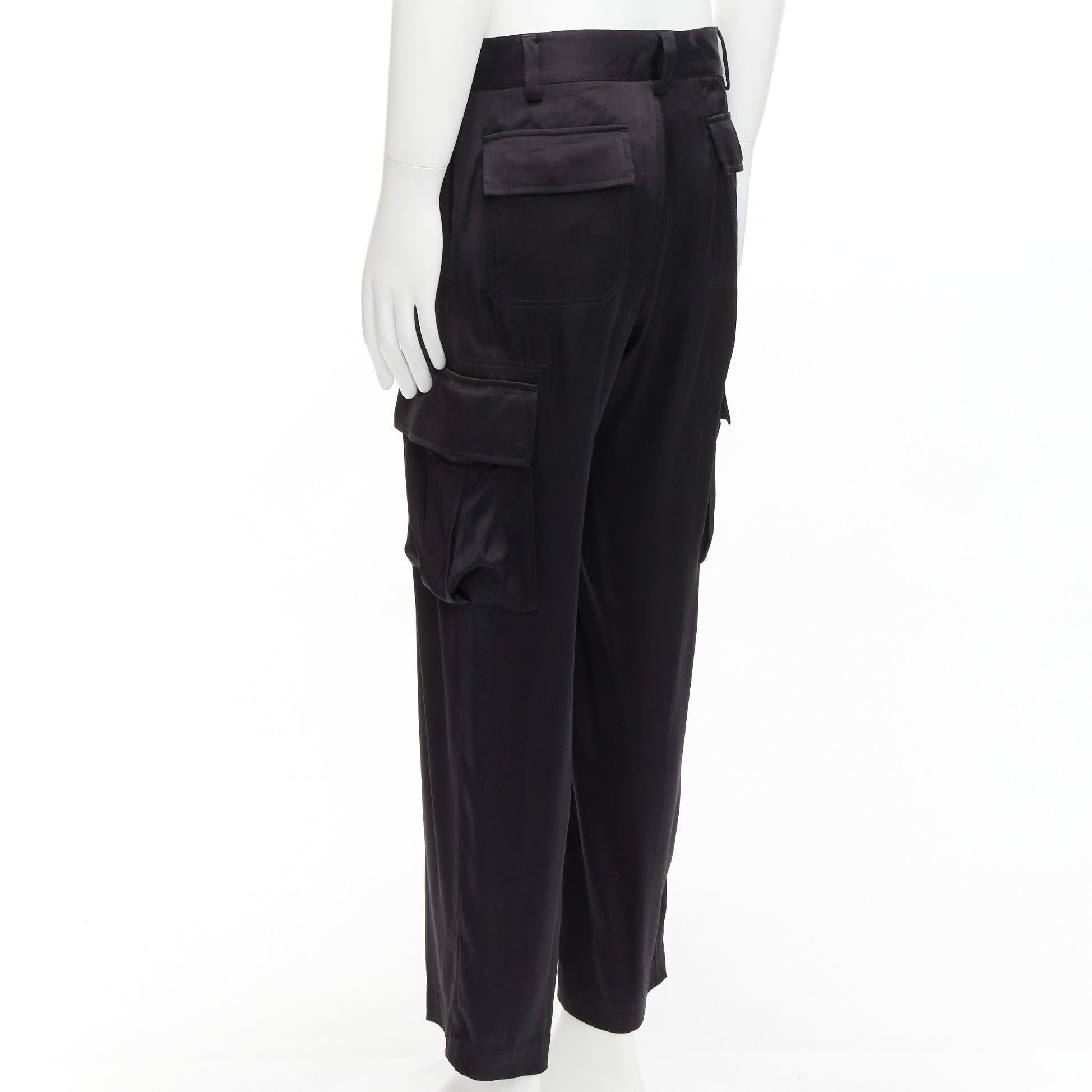 VERSACE 100% silk black cargo pockets wide leg trousers pants IT48 M For Sale 2