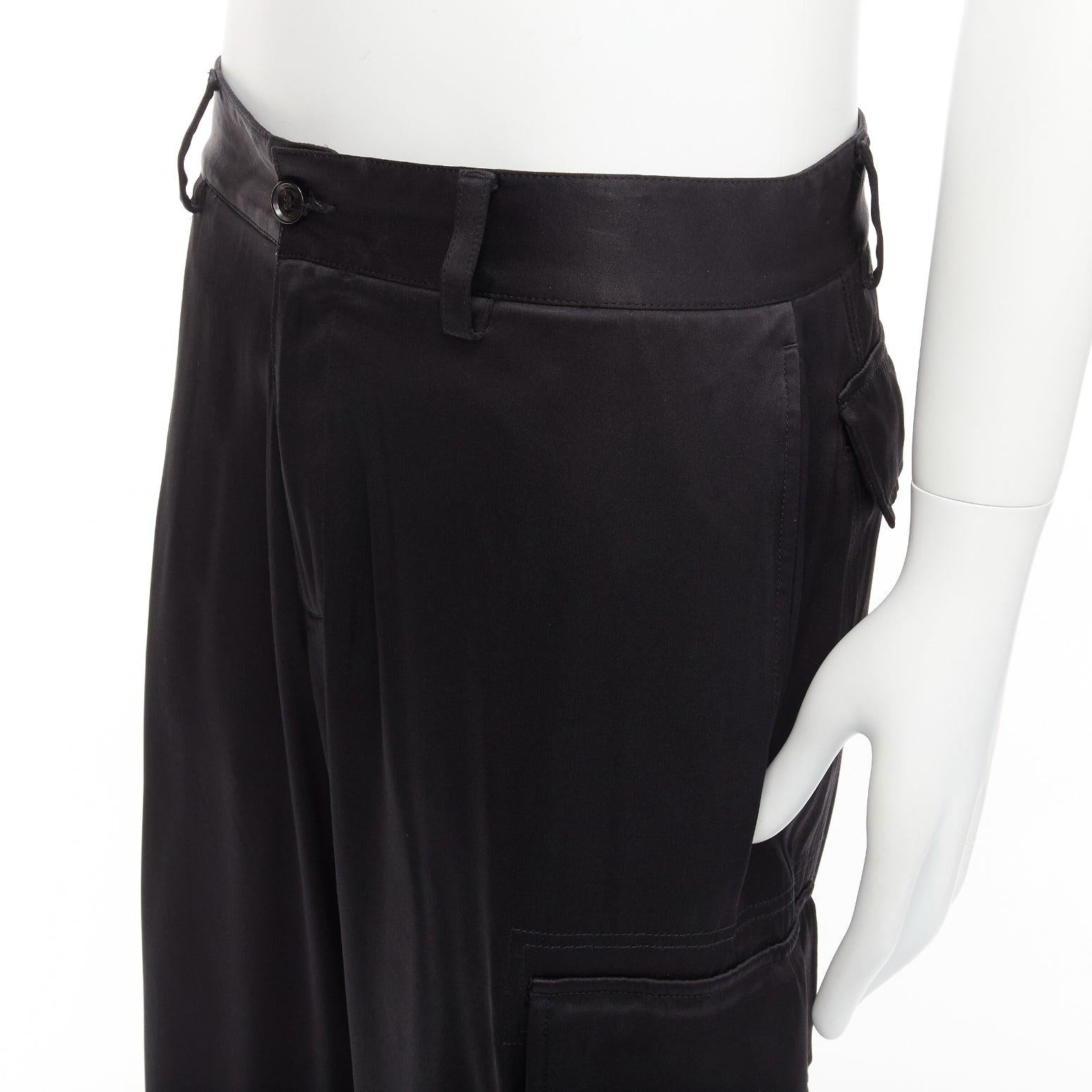 VERSACE 100% silk black cargo pockets wide leg trousers pants IT48 M For Sale 4