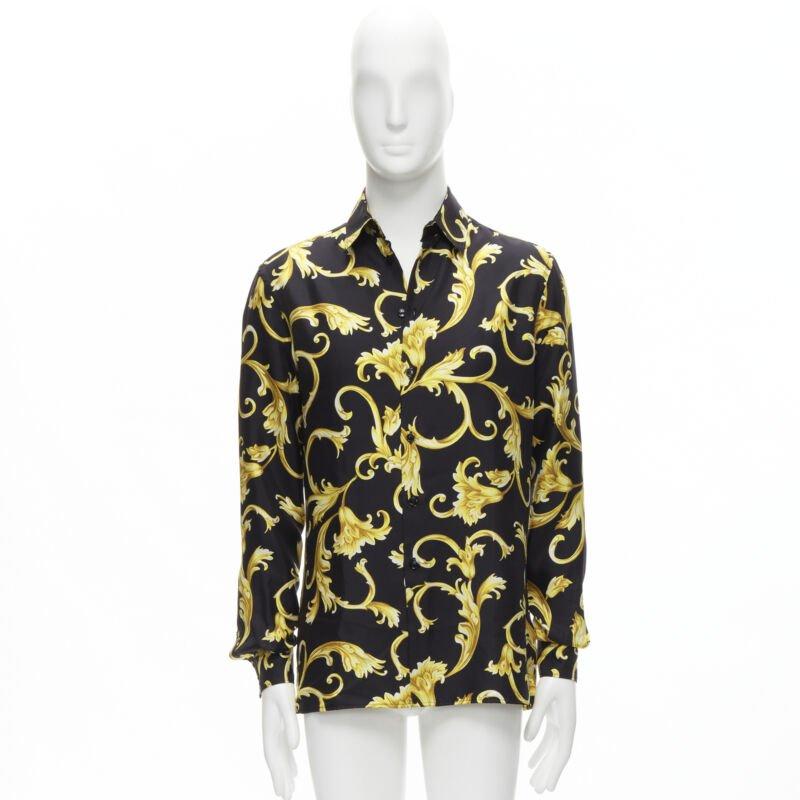 VERSACE 100% silk black gold Barocco flora print relaxed shirt EU38 S For Sale 5