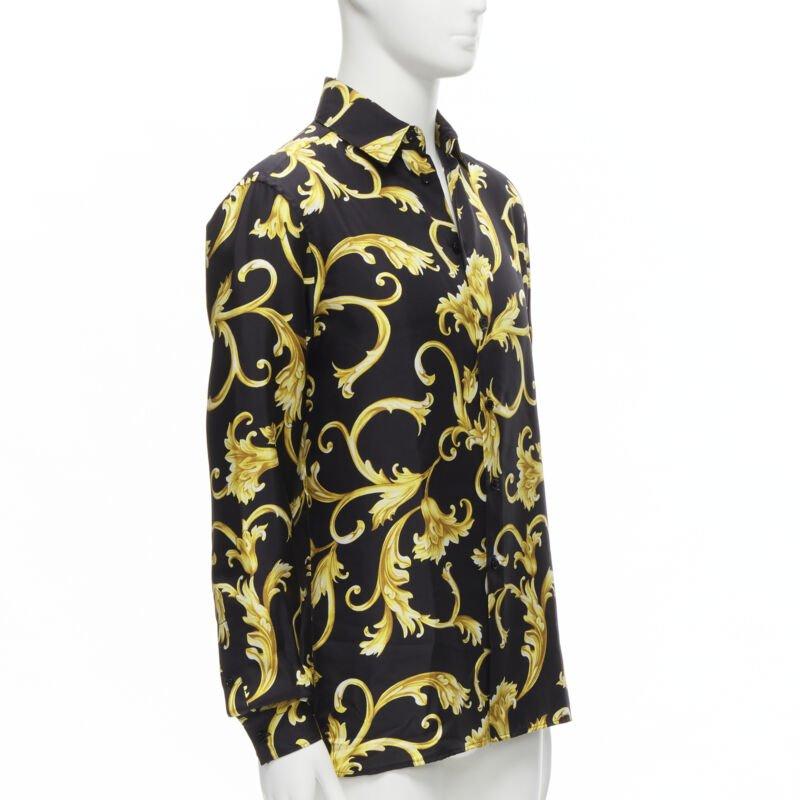 Black VERSACE 100% silk black gold Barocco flora print relaxed shirt EU38 S For Sale