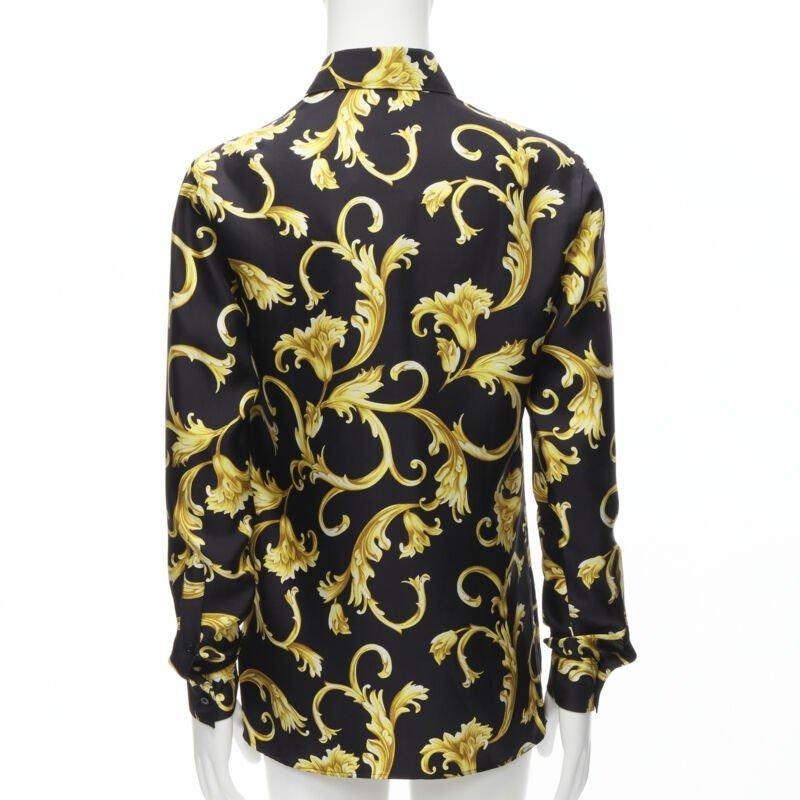 Men's VERSACE 100% silk black gold Barocco flora print relaxed shirt EU38 S For Sale