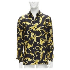 VERSACE 100% seda negro oro Camisa relajada estampado flora Barocco EU38 S