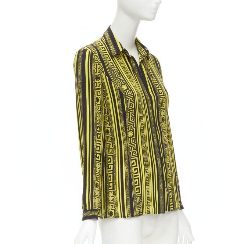 Brown VERSACE 100% silk black gold Greca print Medusa button slim fit shirt IT38 XS For Sale