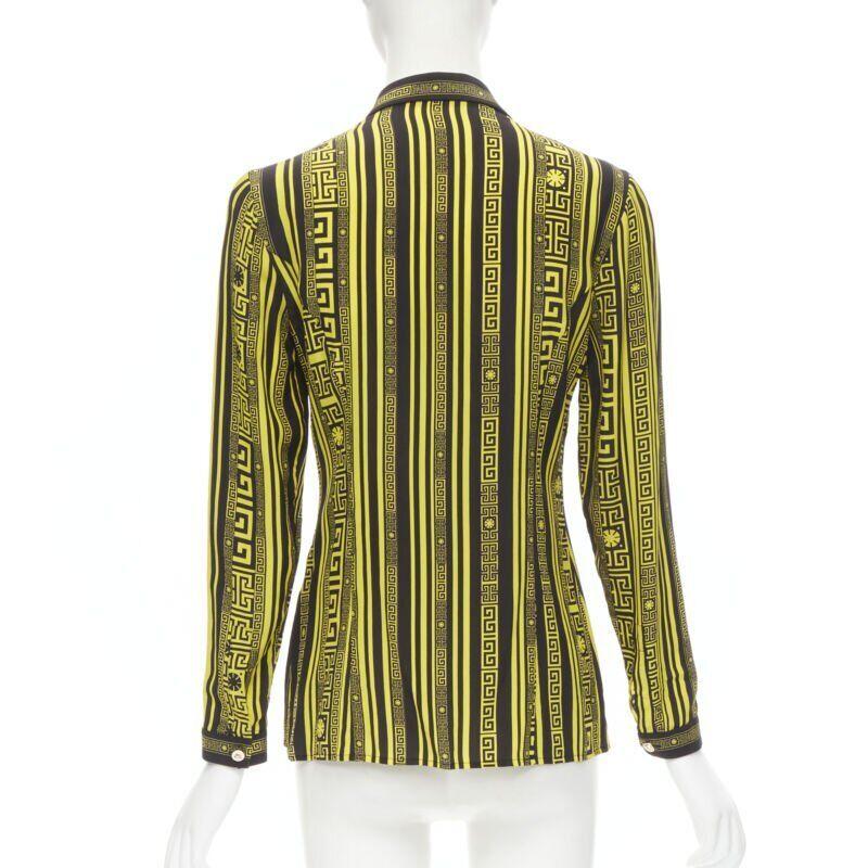 Women's VERSACE 100% silk black gold Greca print Medusa button slim fit shirt IT38 XS For Sale