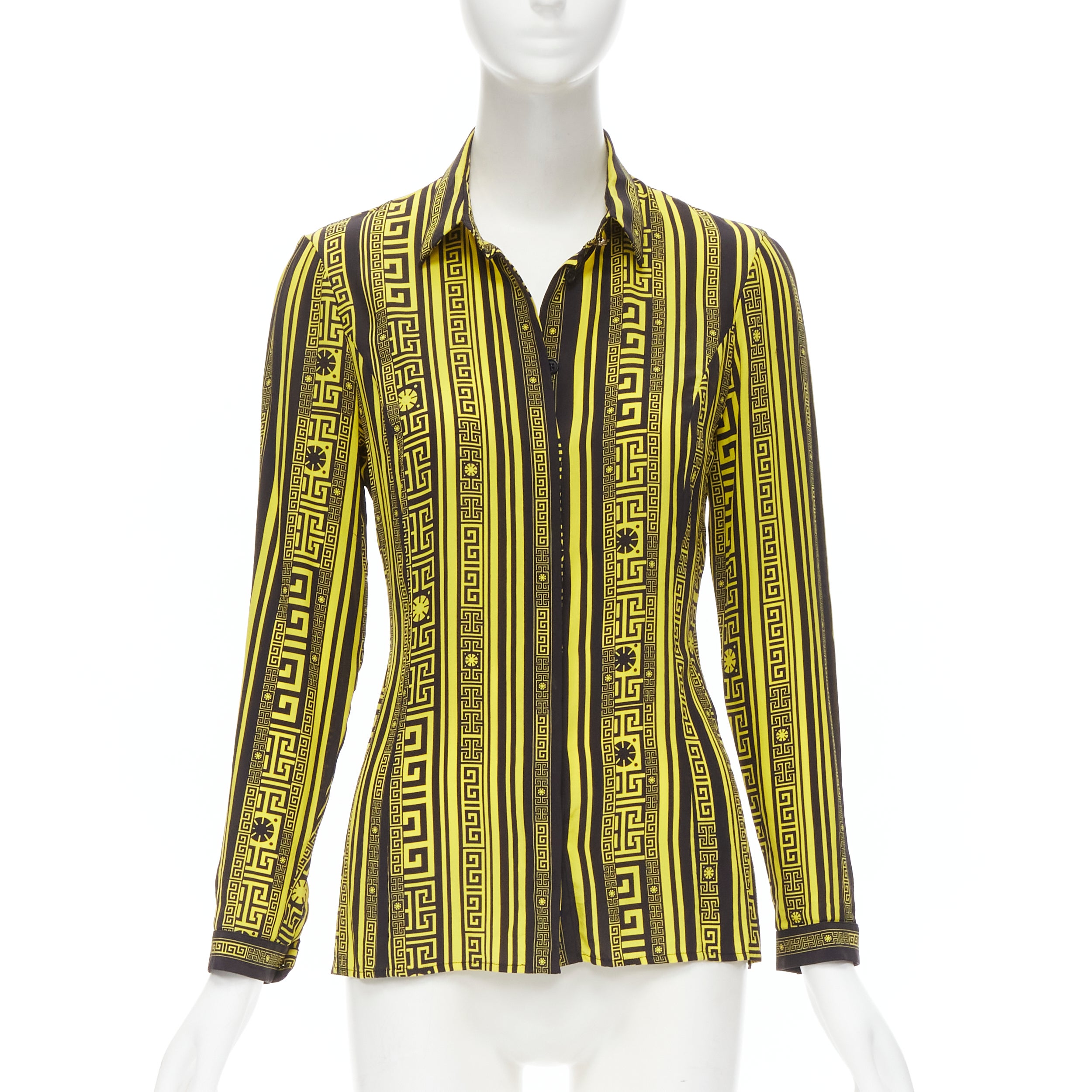 VERSACE 100% silk black gold Greca print Medusa button slim fit shirt IT38 XS For Sale