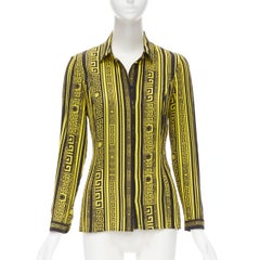 VERSACE 100% silk black gold Greca print Medusa button slim fit shirt IT38 XS