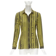 VERSACE 100% seta nero oro stampa Greca Medusa bottone camicia slim fit IT38 XS