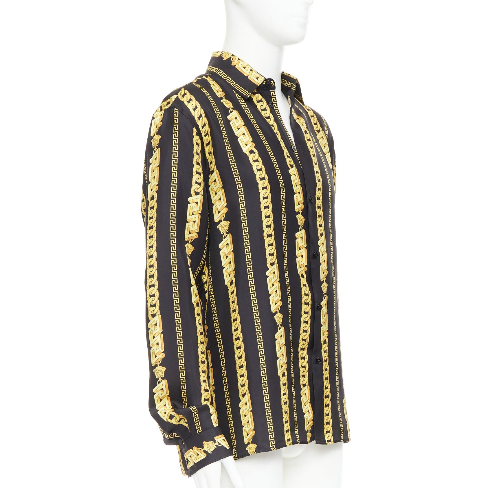 Noir VERSACE 100% soie noire dorée Chaînes Medusa Chemise imprimée à maillons cubains IT54 XXL en vente
