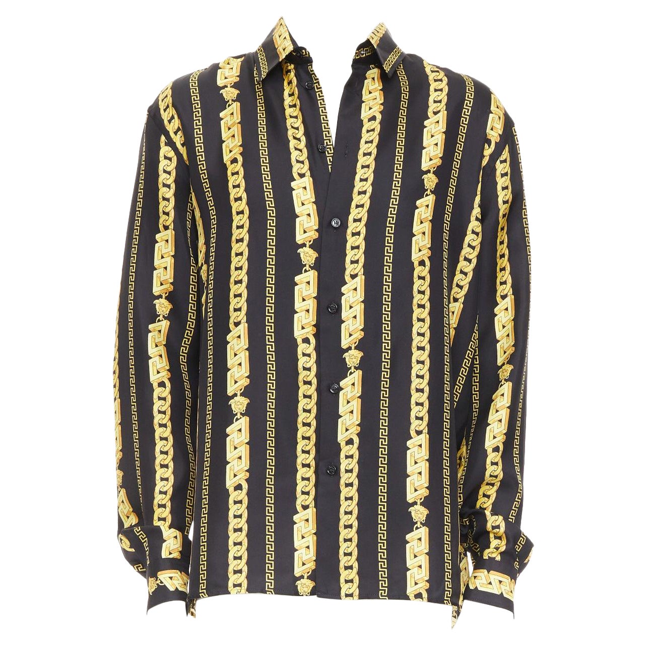 VERSACE 100% silk black gold Medusa Chains cuban link printed shirt IT54 XXL