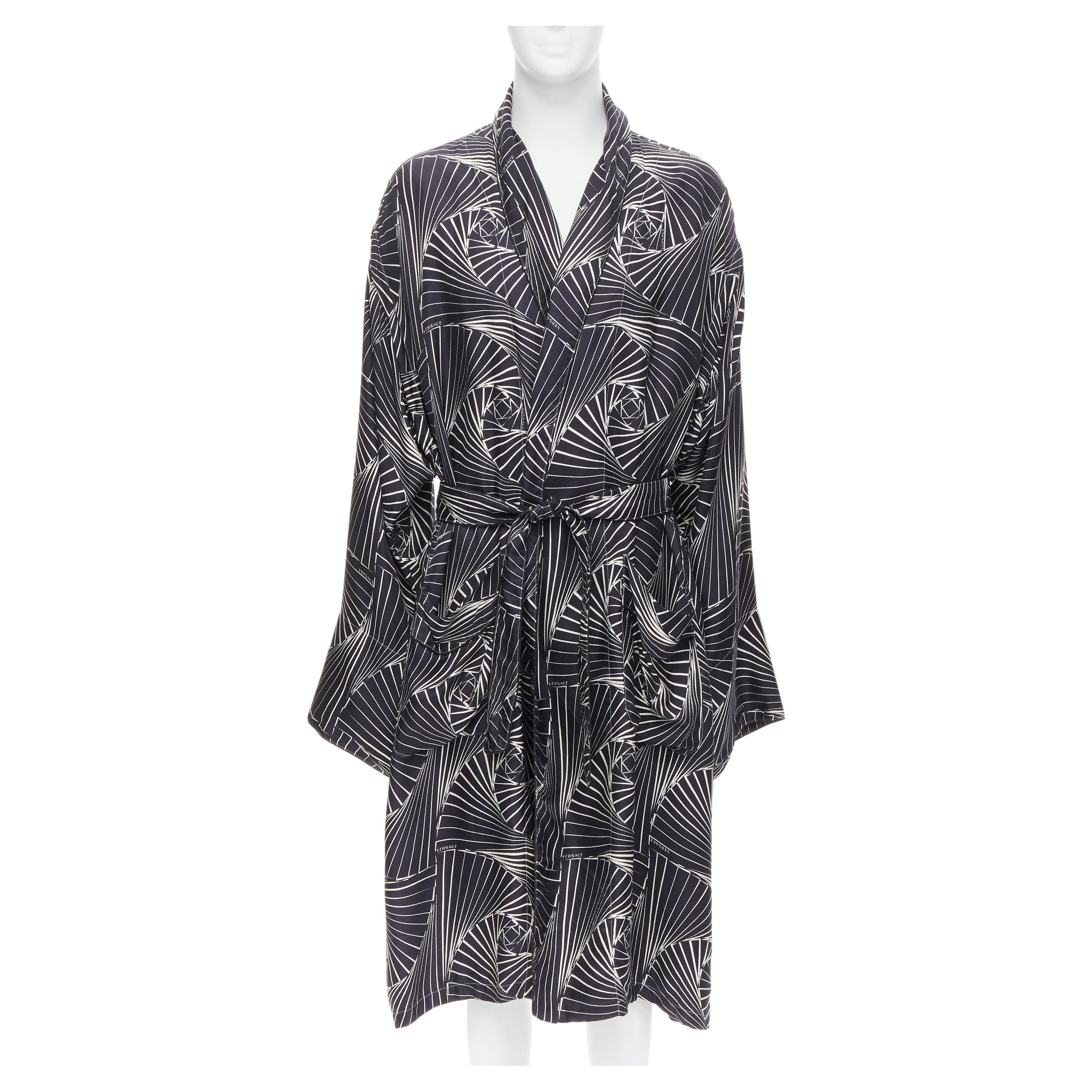 VERSACE 100% silk black white geometric logo belted oversized kimono robe  IT48 M For Sale at 1stDibs