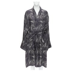 Used VERSACE 100% silk black white geometric logo belted oversized kimono robe IT48 M
