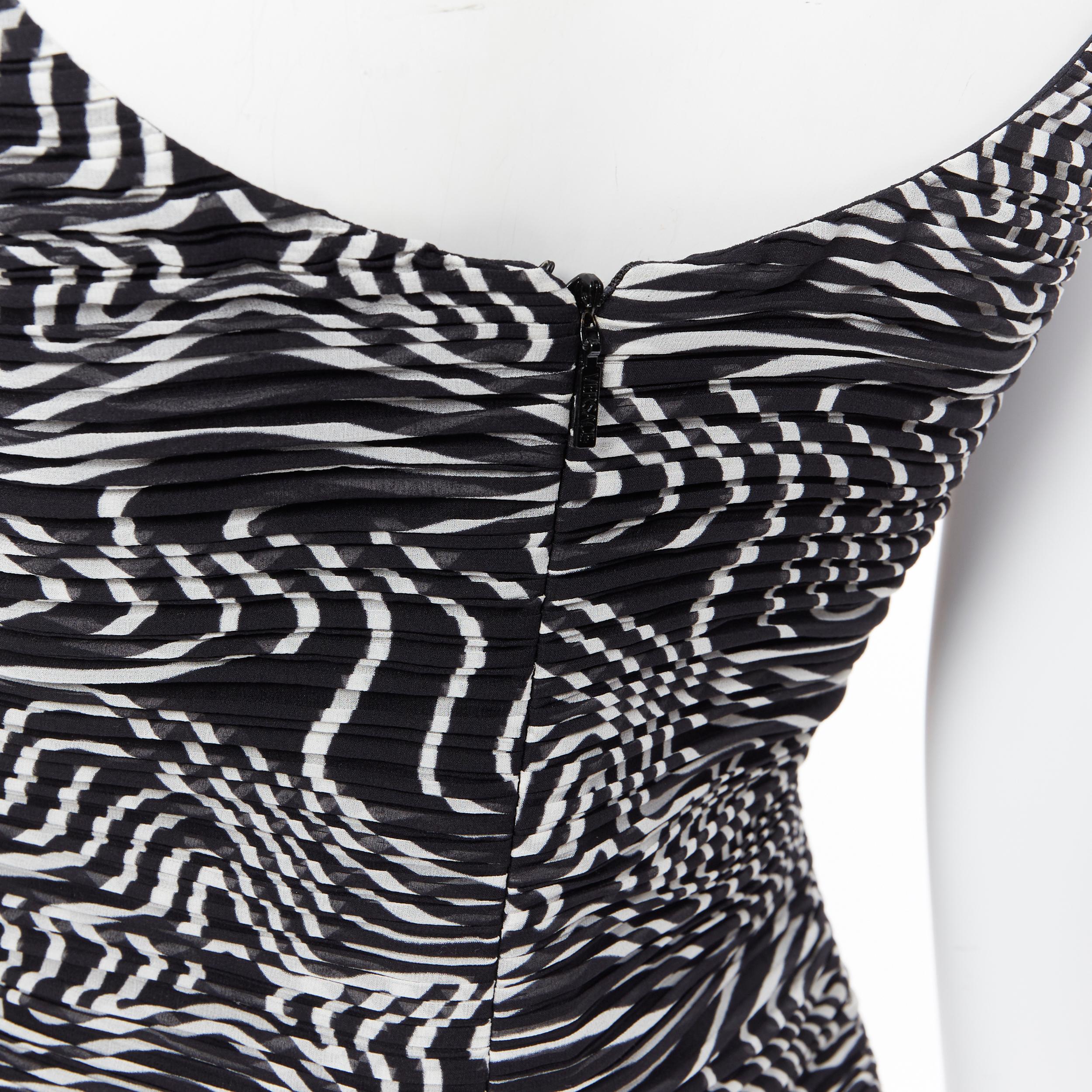 Women's VERSACE 100% silk black white swirl print ruche pleated cocktail dress IT38