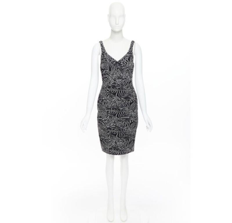 Black VERSACE 100% silk black white swirl print ruche pleated cocktail dress IT38 S For Sale