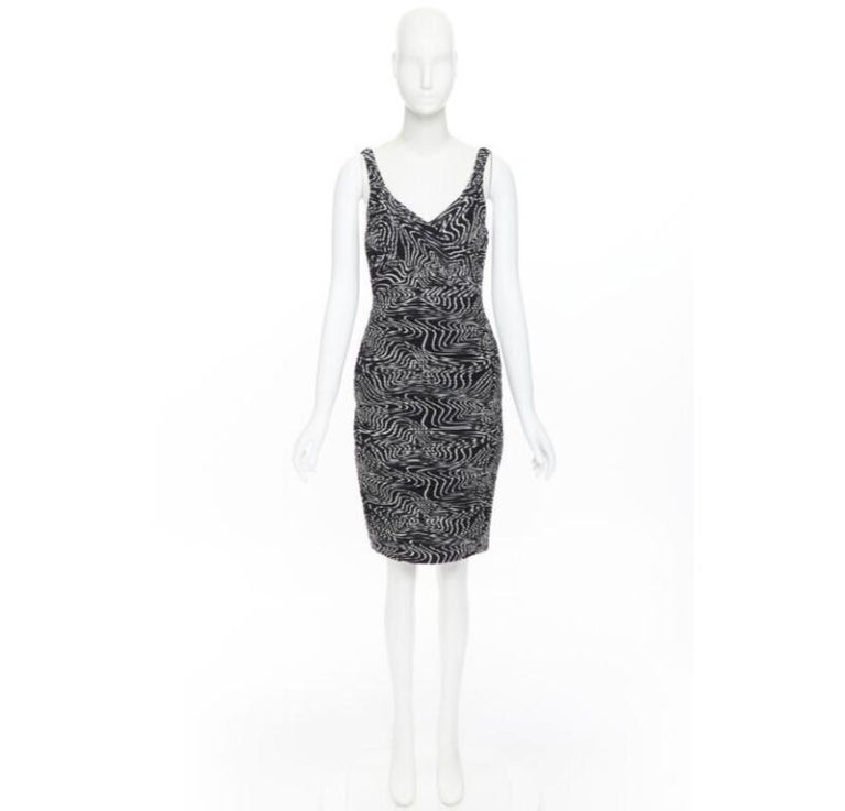 VERSACE 100% silk black white swirl print ruche pleated cocktail dress IT38  S For Sale at 1stDibs