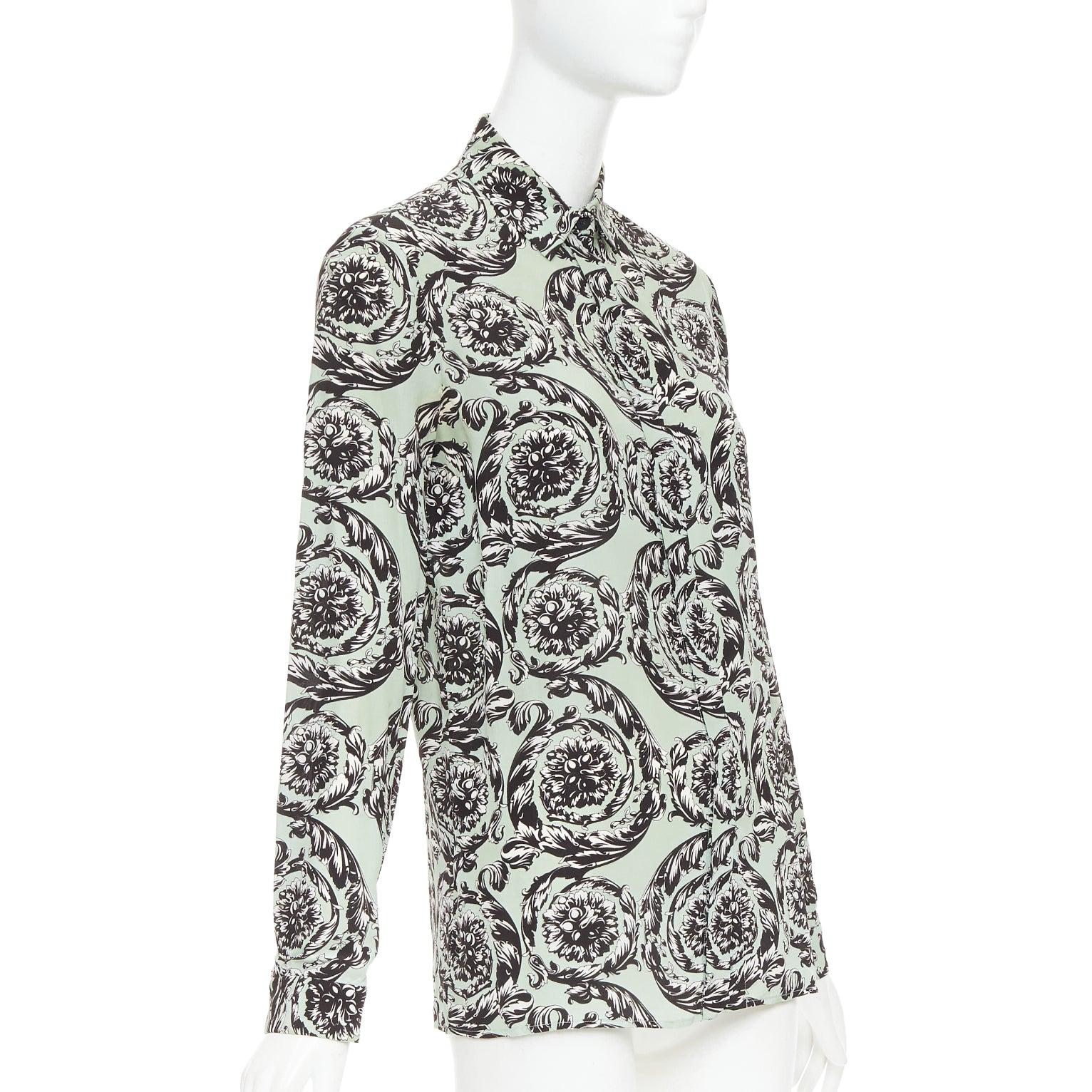 Grigio VERSACE 100% seta verde nero stampa floreale barocca camicia button up IT38 XS in vendita
