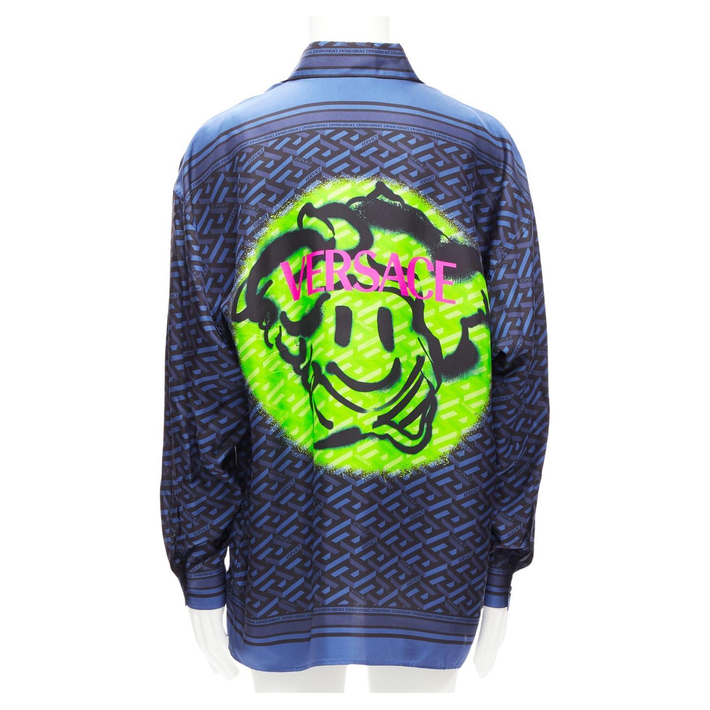 VERSACE 100% silk La Greca Graffiti Smiley blue logo print shirt EU39 M