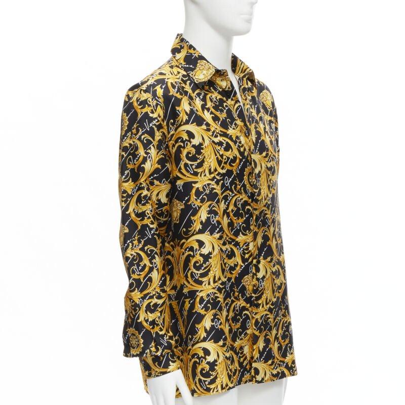 Beige VERSACE 100% silk La Medusa Barocco Gianni Signature black gold shirt EU39 M For Sale