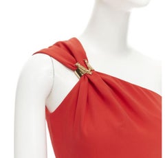 VERSACE 100% silk red gold Virtus V clasp one shoulder gown dress IT38 XS