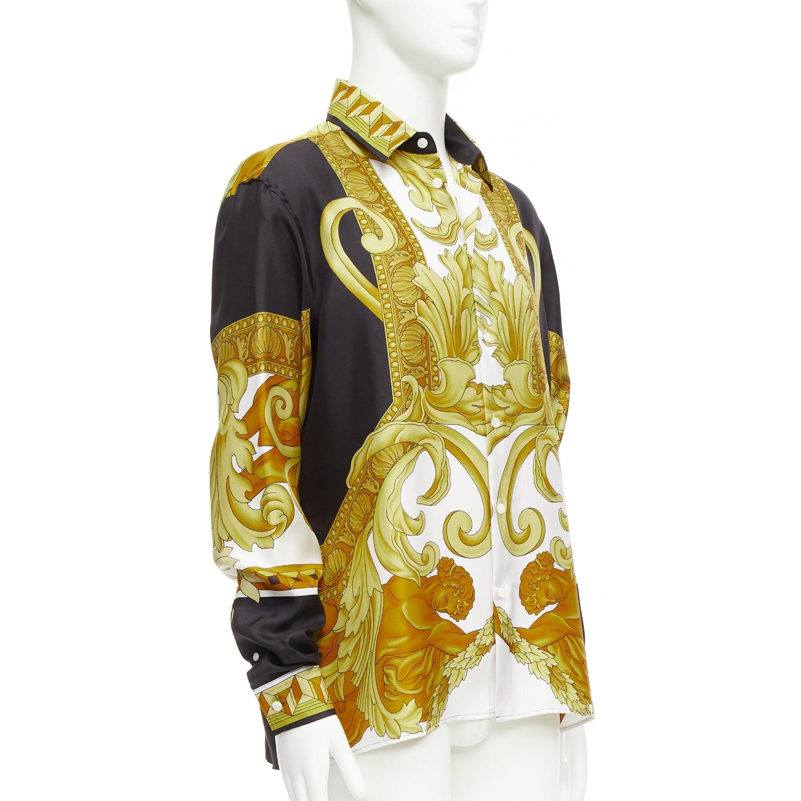 Beige VERSACE 100% silk Renaissance Barocco gold black white print shirt IT52 XL