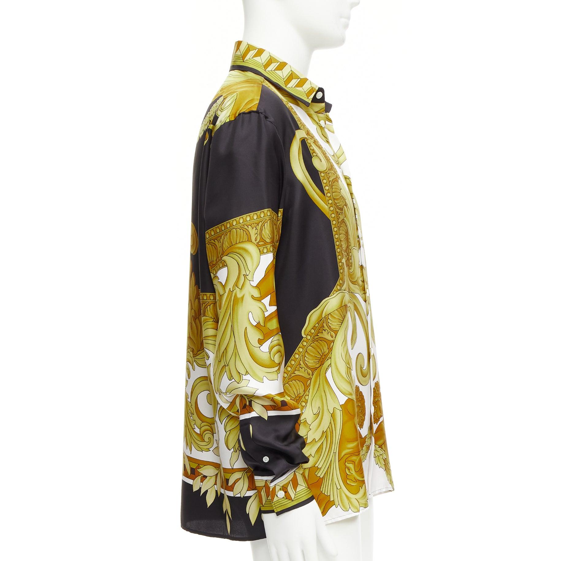 Men's VERSACE 100% silk Renaissance Barocco gold black white print shirt IT52 XL For Sale