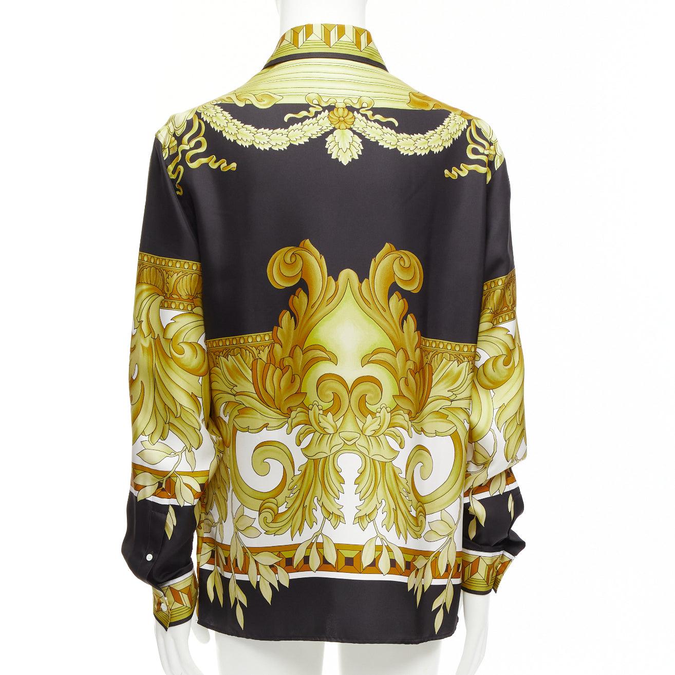 Men's VERSACE 100% silk Renaissance Barocco gold black white print shirt IT52 XL