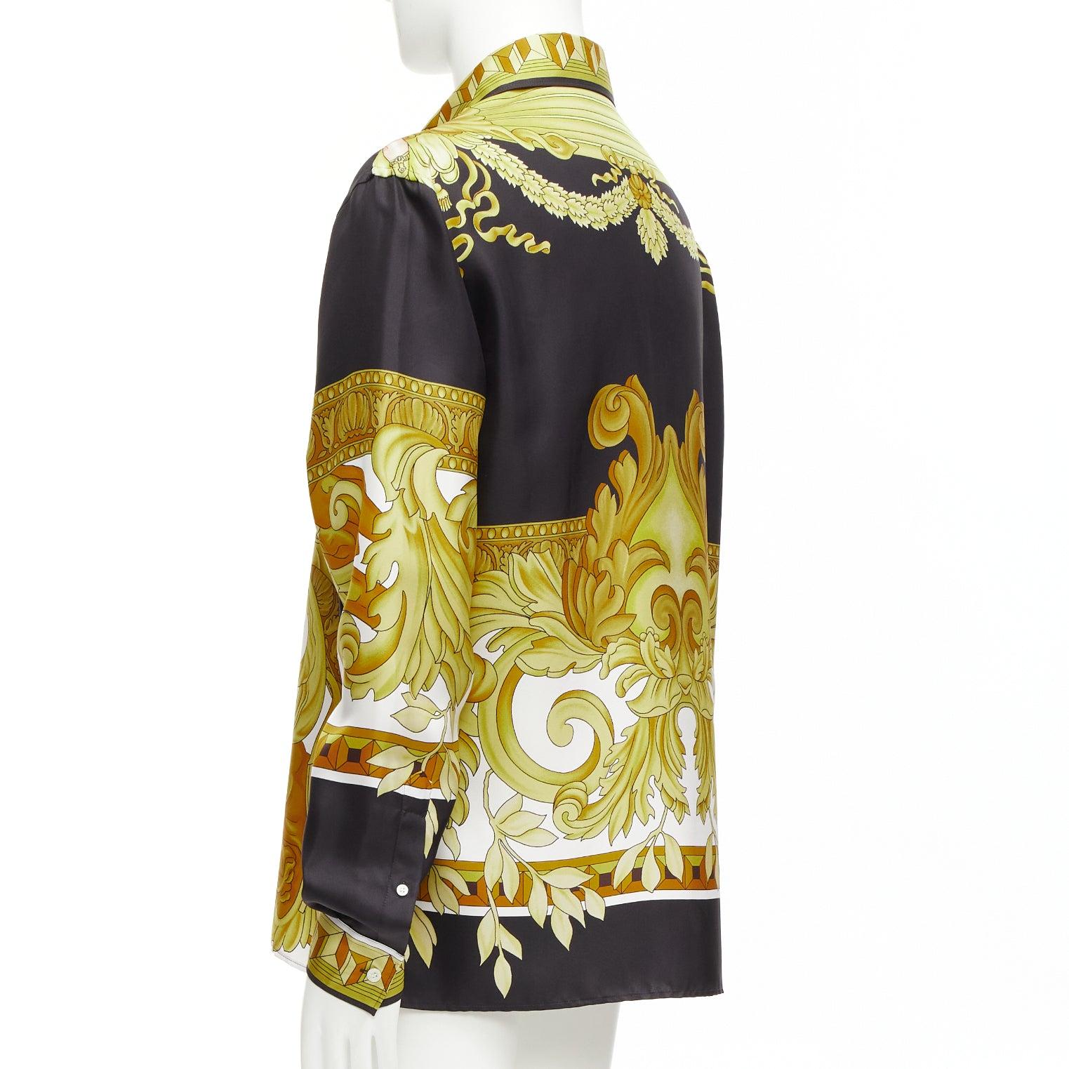 VERSACE 100% silk Renaissance Barocco gold black white print shirt IT52 XL For Sale 2