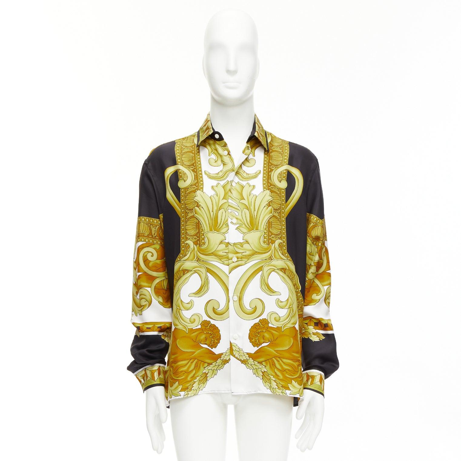 VERSACE 100% silk Renaissance Barocco gold black white print shirt IT52 XL For Sale 5